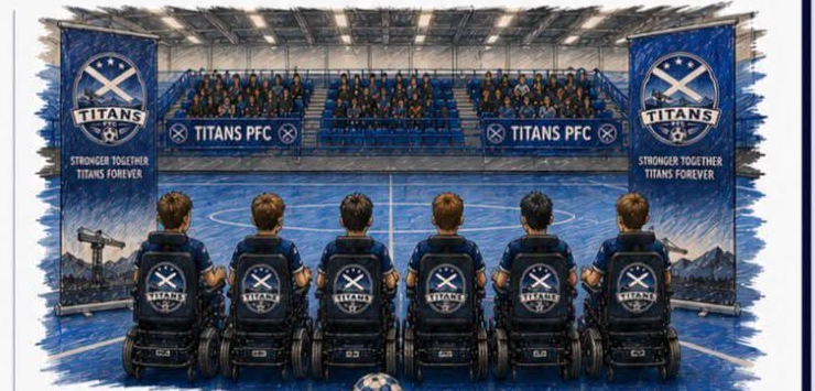 Titans PFC players lined up on the pitch in their team powerchairs