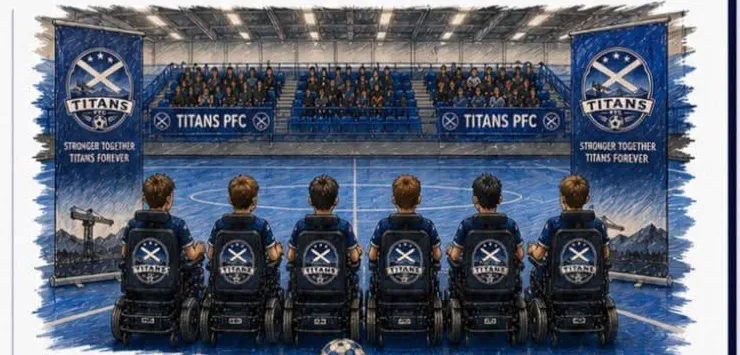Titans PFC players lined up on the pitch in their team powerchairs